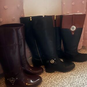 Black and Brown Knee-High Boots with Logo Accents